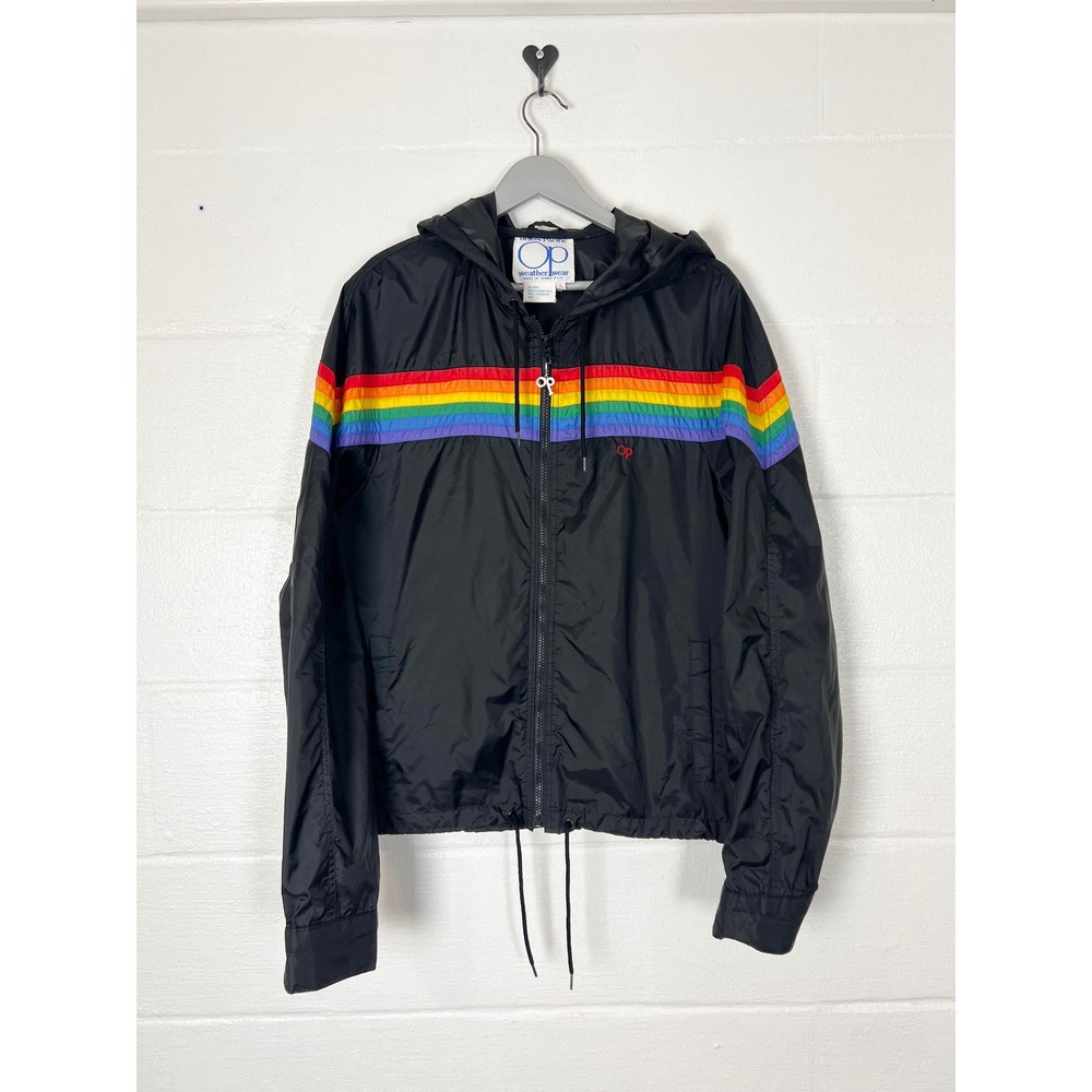 Vintage Ocean Pacific OP Weatherwear Rainbow Stripe Windbreaker Jacket Black L